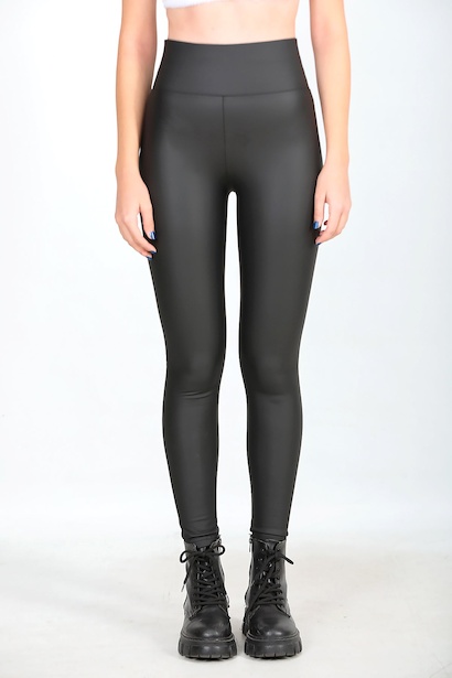 Kadın Yüksek Bel Deri Tayt Siyah Siyah 6