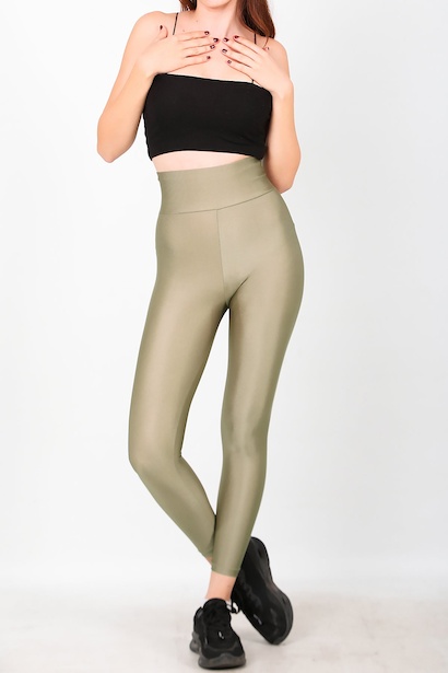 Kadın Yüksek Bel Parlak Tayt Vizon