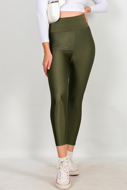 Kadın Yüksek Bel Parlak Tayt Haki
