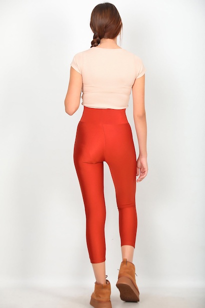 Kadın Yüksek Bel Parlak Tayt Kiremit Kiremit 6