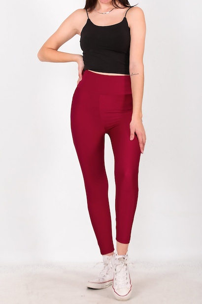 Kadın Yüksek Bel Parlak Tayt Bordo