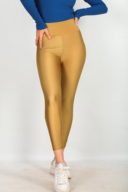 Kadın Yüksek Bel Parlak Tayt Hardal