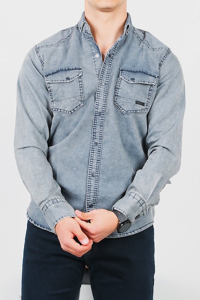 Erkek Yıkamalı Kot Gömlek Lacivert