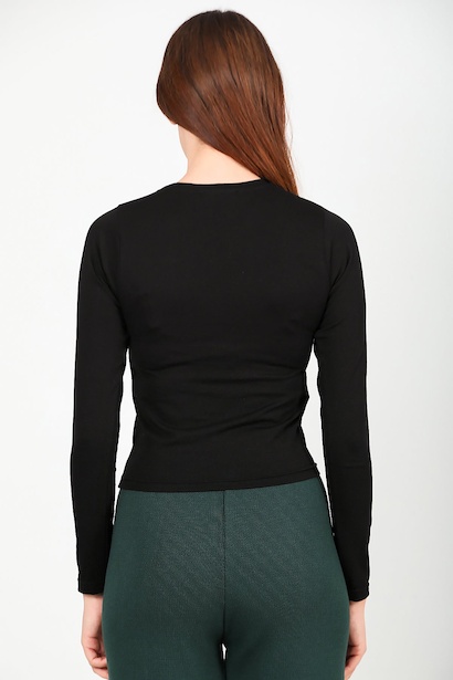 Kadın Bisiklet Yaka Kısa Uzun Kol Bluz Siyah Siyah 6