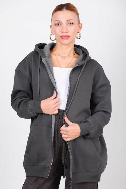 Kadın Kapşonlu Fermuarlı Oversize Üç İplik Sweat Füme