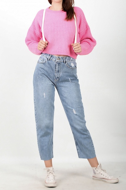 Kadın Paça Kesik Tırnaklı Kot Pantolon