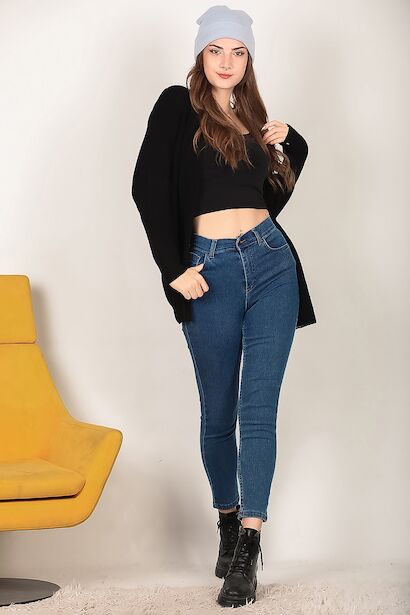 Kadın Likralı Mom Jeans Pantolon  Koyu Mavi