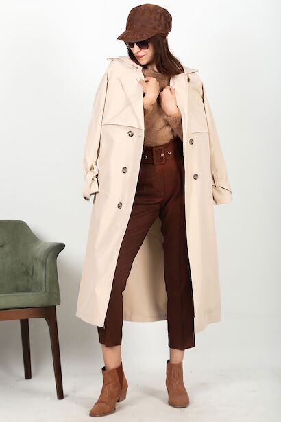 Kadın Bel Kuşaklı Düğmeli Trençkot 