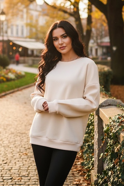 Kadın Bisiklet Yaka Üç İplik Oversize Sweat Krem