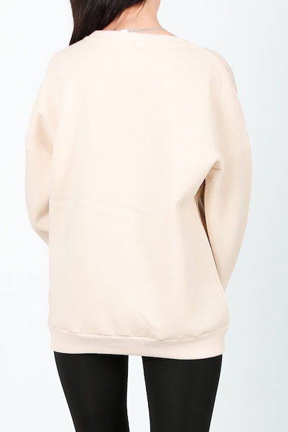 Kadın Bisiklet Yaka Üç İplik Oversize Sweat Krem Krem 6