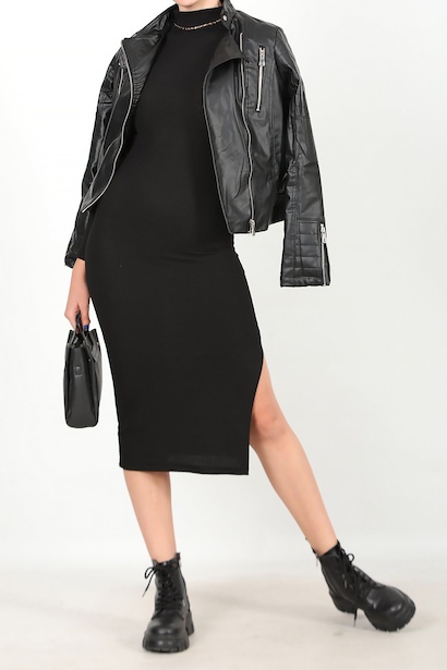 Kadın Yarım Balıkçı Yaka Elbise Siyah