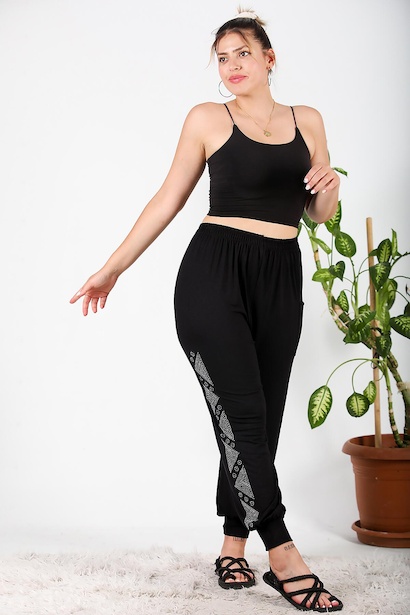 Büyük Beden Yanları Taşlı Şalvar Siyah Siyah