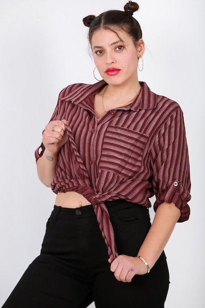 Büyük Beden Tek Cepli Kol Katlamalı Gömlek Bordo