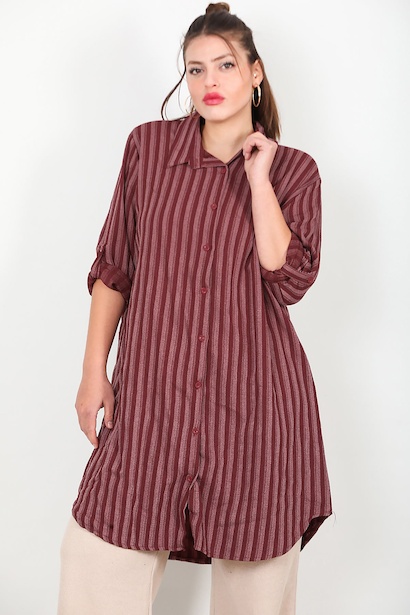 Büyük Beden Ön Düğmeli Kol Katlamalı Tunik Bordo