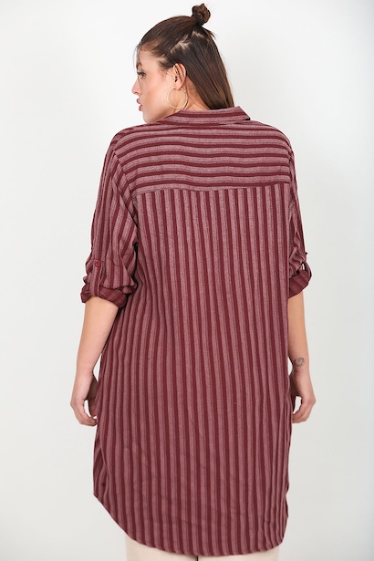 Büyük Beden Ön Düğmeli Kol Katlamalı Tunik Bordo Bordo 6