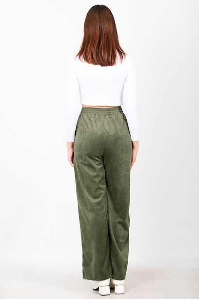 Kadın Kadife Bol Paça Pantolon  Haki 6