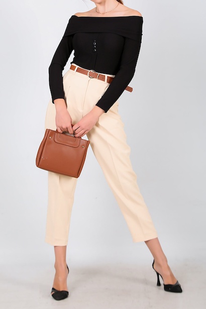 Kadın Kemerli Çimalı Kumaş Pantolon 