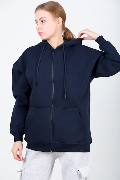 Kadın Kapşonlu Fermuarlı Oversize Üç İplik Sweat 