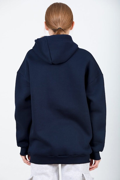 Kadın Kapşonlu Fermuarlı Oversize Üç İplik Sweat  Lacivert 6