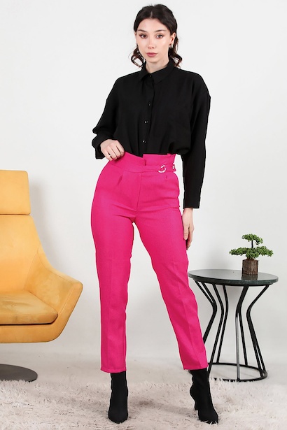 Kadın Kendinden Kemerli Pantolon  Pembe 6