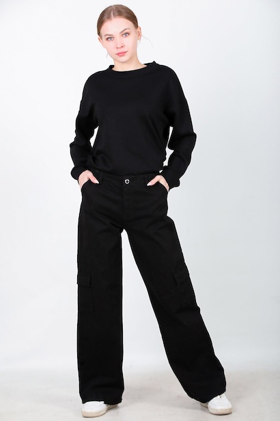 Kadın Kargo Cepli Bol Paça Gabardin Pantolon 