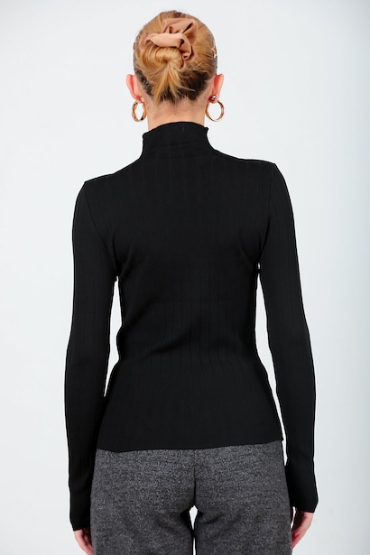 Kadın Balıkçı Yaka Fitilli Triko  Siyah 6