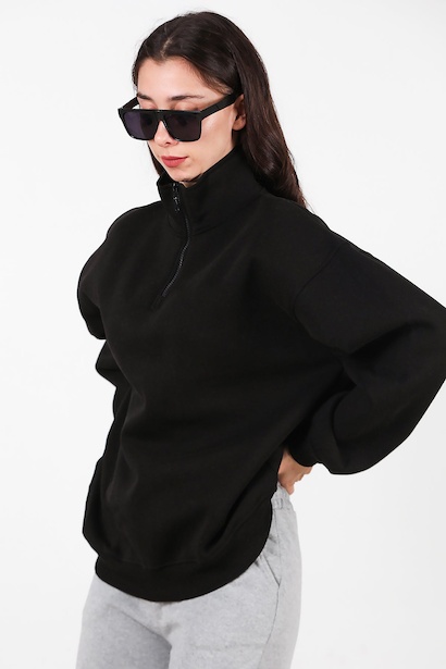 Kadın Yarım Balıkçı Yaka Fermuarlı Sweat  Siyah 6