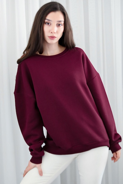 Kadın Bisiklet Yaka Üç İplik Oversize Sweat  Bordo 6