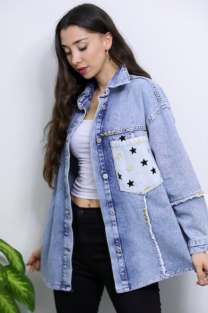 Kadın Yıldız Detaylı Kot Ceket 