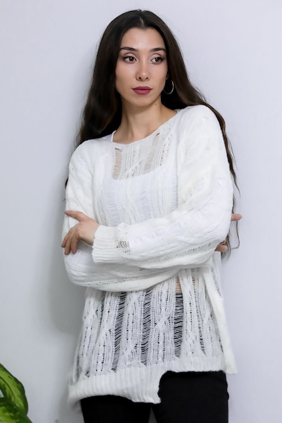 Kadın Kayık Yaka Fileli Triko Bluz 