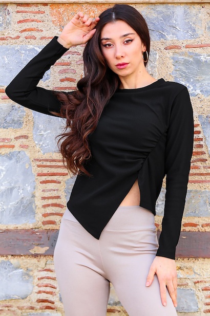 Kadın Önü Büzgülü Bisiklet Yaka Bluz 