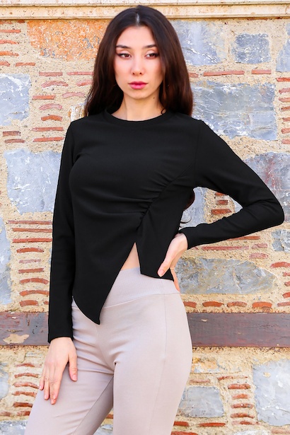Kadın Önü Büzgülü Bisiklet Yaka Bluz  Siyah 6