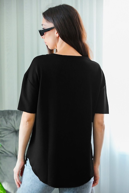 Kadın Eteği Oval Bisiklet Yaka Tshırt  Siyah 6