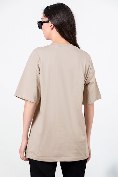 Kadın Bisiklet Yaka Oversize Tshırt  Bej 6