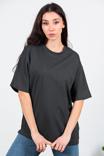 Kadın Bisiklet Yaka Oversize Tshırt 