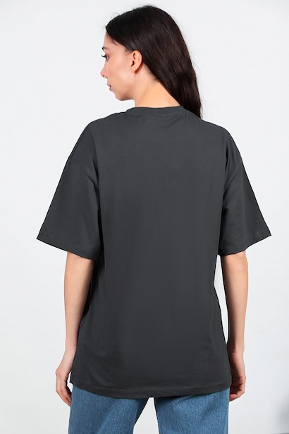 Kadın Bisiklet Yaka Oversize Tshırt  Füme 6