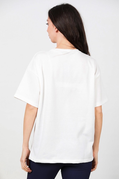 Kadın Bisiklet Yaka Oversize Tshırt  Beyaz 6