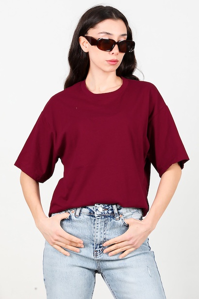 Kadın Bisiklet Yaka Oversize Tshırt 