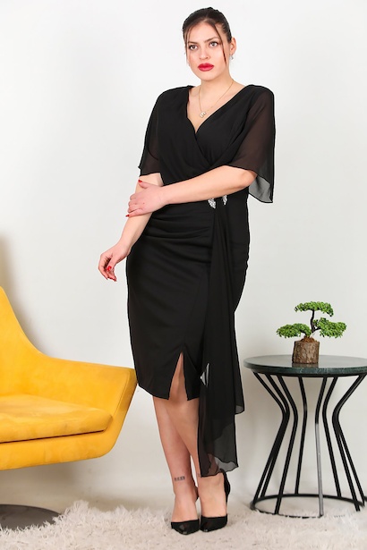 Kadın Büyük Beden Bel Aksesuar Şifon Kısa Abiye  Siyah 6