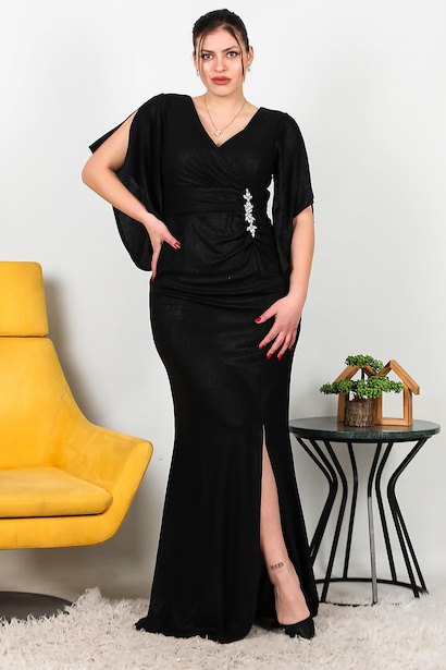 Büyük Beden Bel Aksesuar Kol Detay Uzun Abiye 