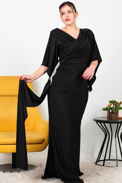 Büyük Beden Yanı Taş Detay Uzun Abiye 