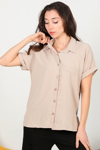 Kadın Gömlek Yaka Tahta Düğmeli Bluz 