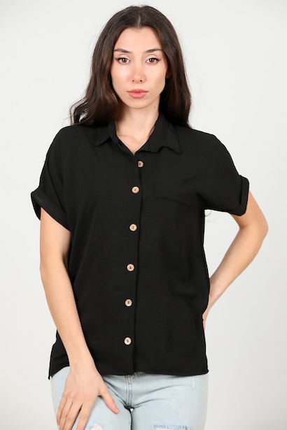 Kadın Gömlek Yaka Tahta Düğmeli Bluz 