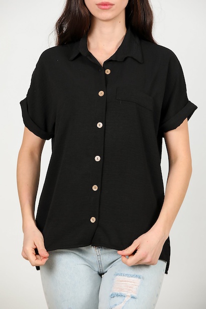 Kadın Gömlek Yaka Tahta Düğmeli Bluz  Siyah 6