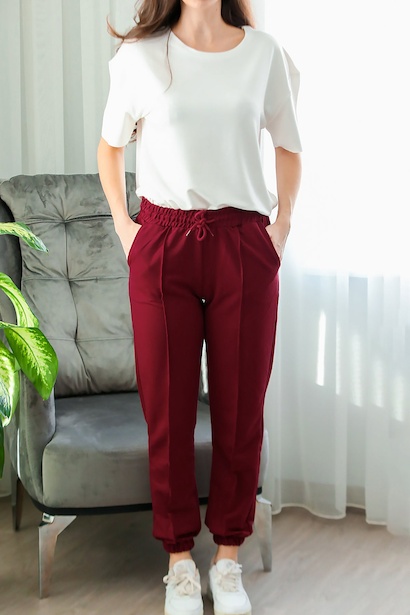 Kadın İki İplik Çimalı Paça Lastikli Eşofman  Bordo 6