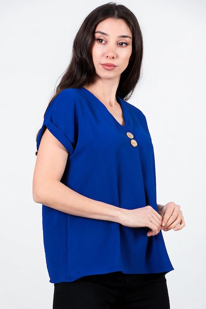 Kadın V Yaka İki Düğmeli Bluz  Saks 6