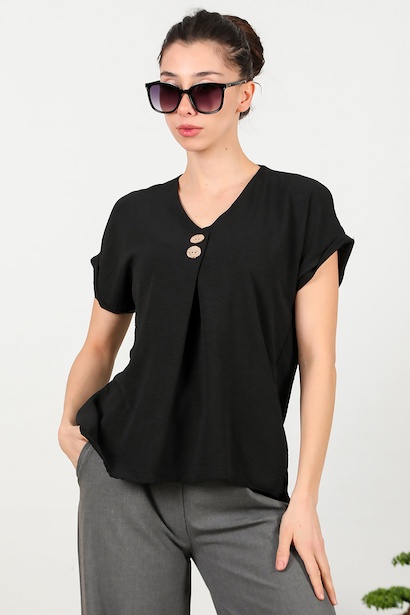 Kadın V Yaka İki Düğmeli Bluz 