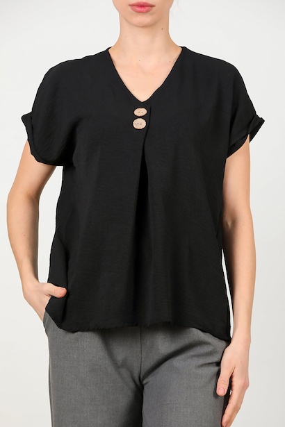 Kadın V Yaka İki Düğmeli Bluz  Siyah 6
