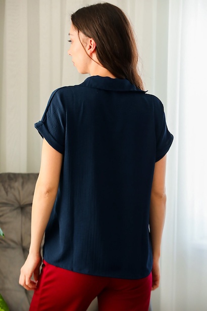 Kadın Ayrobin V Yaka Yakalı Bluz  Lacivert 6