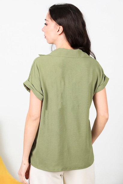 Kadın Ayrobin V Yaka Yakalı Bluz  Haki 6